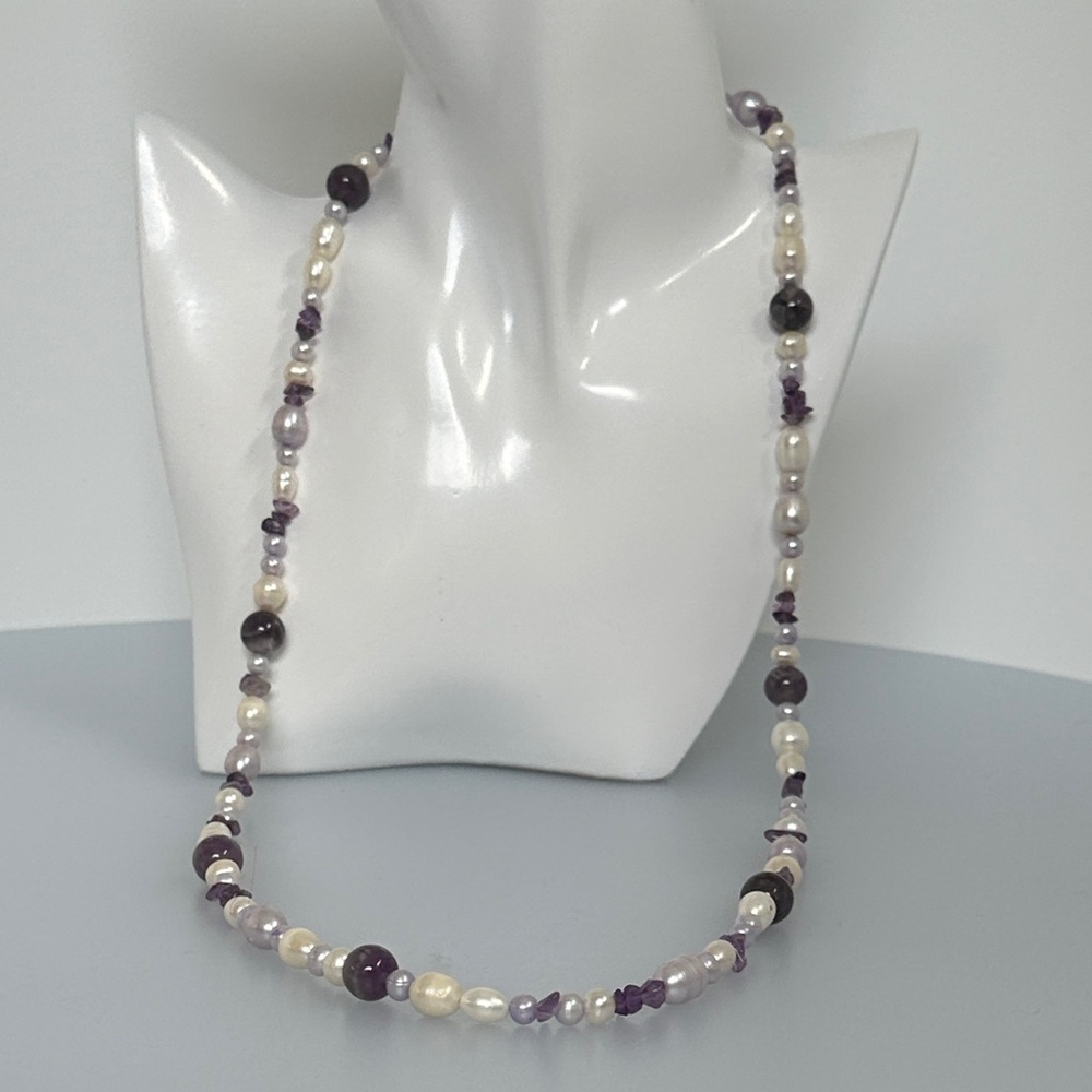 925 Sterling Silver And Real Amethyst Fresh Water Pearls Necklace